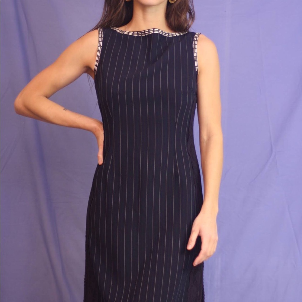 Dark blue+white Striped Sleeveless Office Dress